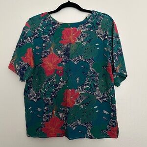Vintage silk Green Boxy Short Sleeve Blouse